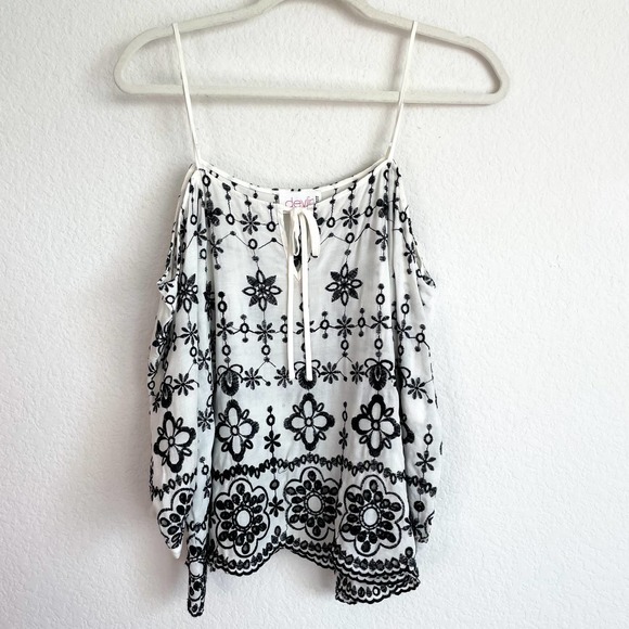 DEVLIN Revolve White Black Floral Embroidered Off Shoulder Top - Picture 5 of 11